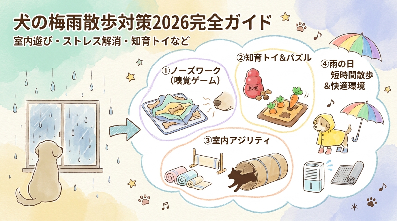 犬の梅雨散歩対策2026完全ガイド 室内遊び・ストレス解消・知育トイなど アイキャッチ（PC用）