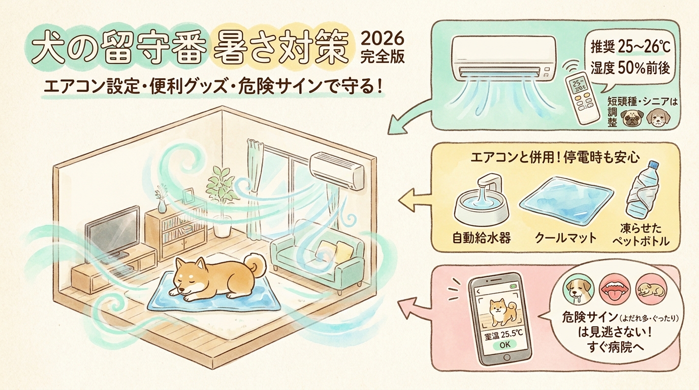 犬の留守番時の暑さ対策2026完全版 エアコン設定・便利グッズ・危険サインなど アイキャッチ（PC用）