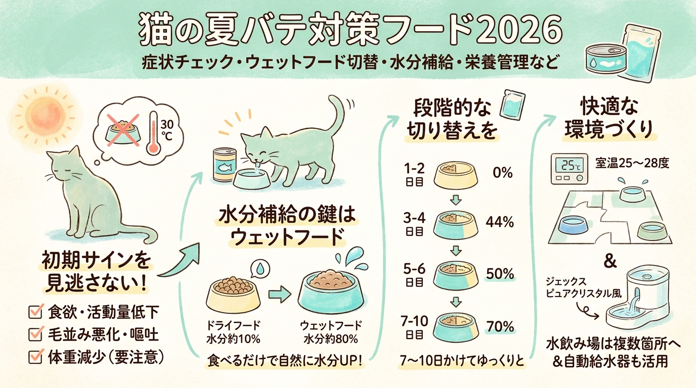 猫の夏バテ対策フード2026 症状チェック・ウェットフード切替・水分補給・栄養管理など アイキャッチ（PC用）