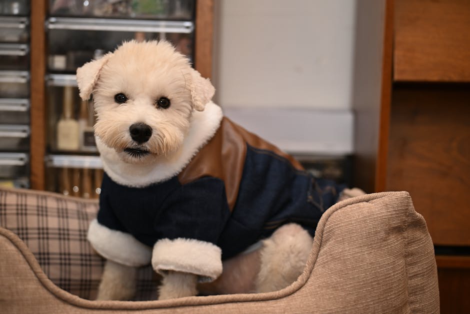 おしゃれなデニムジャケットを着て、室内のペット用ソファに心地よく座っている、かわいいふわふわの犬。